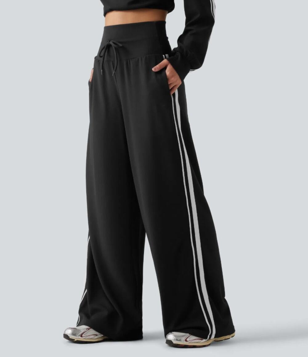 Halara Black Blue Stripe Track Pants High Rise Wide Leg Streetwear Women's Small